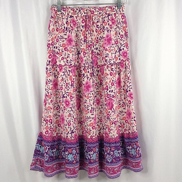 Simple Fun Floral Tiered Midi Skirt Women's Size Large Pink Purple Cottage Core - Picture 1 of 7